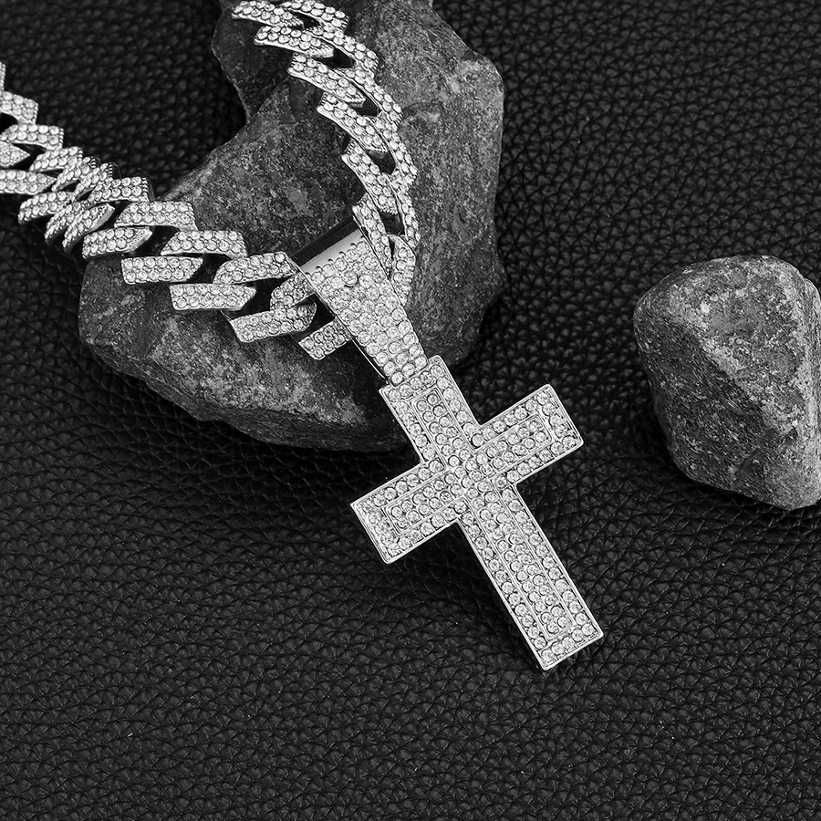 New Iced Out Men Necklace Boy Jewelry Zircon Paved Cross Charm Chain Hip Hop Cuban Necklace 18inch(45cm) - view 6