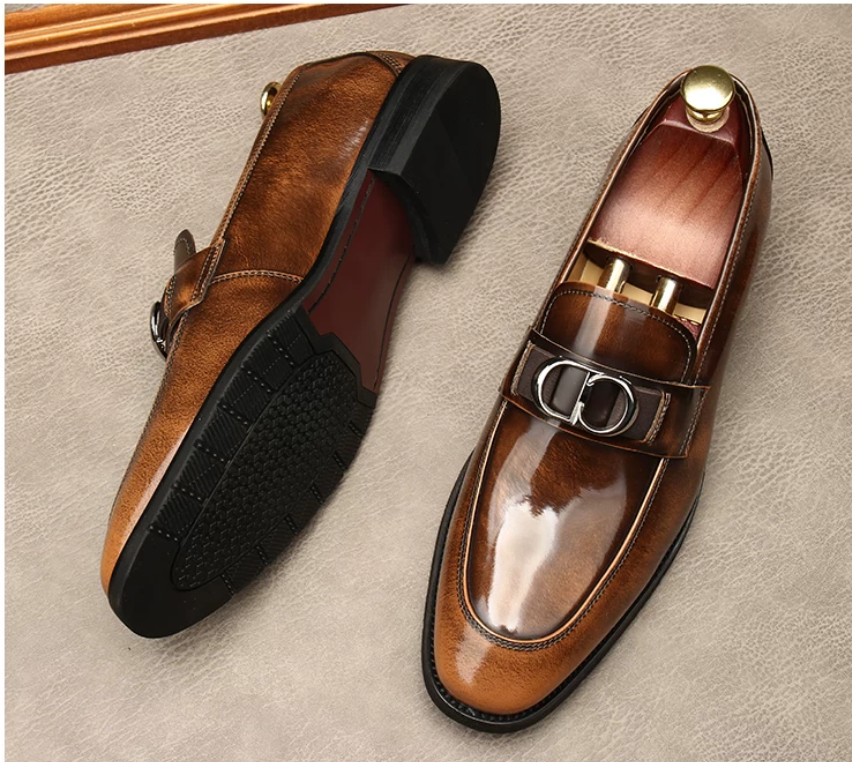 Men Gradient Brown Polished Patent Leather Metal Buckle Loafers Slip On Pointed Toe Formal Dress Shoes Handmade Business Wedding Party Leather Footwea - view 3