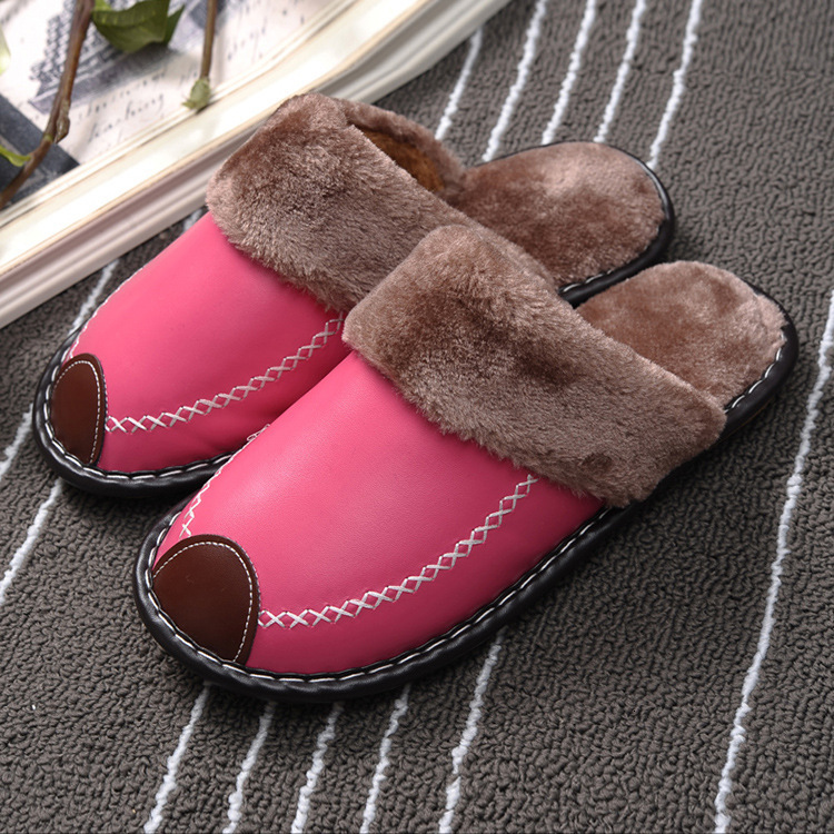 Men Winter Leather Slippers Bedroom Cotton Slippers Male Waterproof Thick Plus Velvet Indoor Warm House Home Slippers Shoes 251031