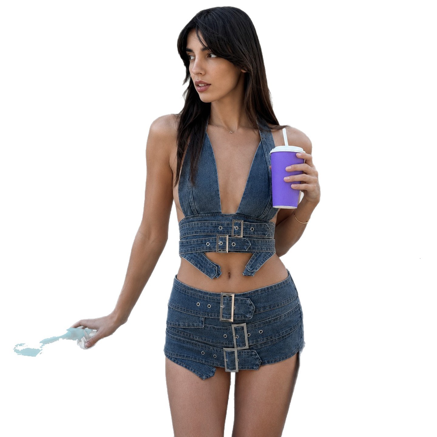 Street style denim two-piece set sexy halter top with metal buckle and bodycon denim skirt outfit 250530