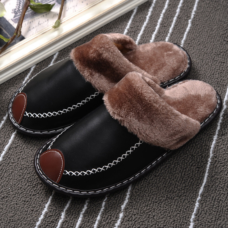 Men Winter Leather Slippers Bedroom Cotton Slippers Male Waterproof Thick Plus Velvet Indoor Warm House Home Slippers Shoes 251031