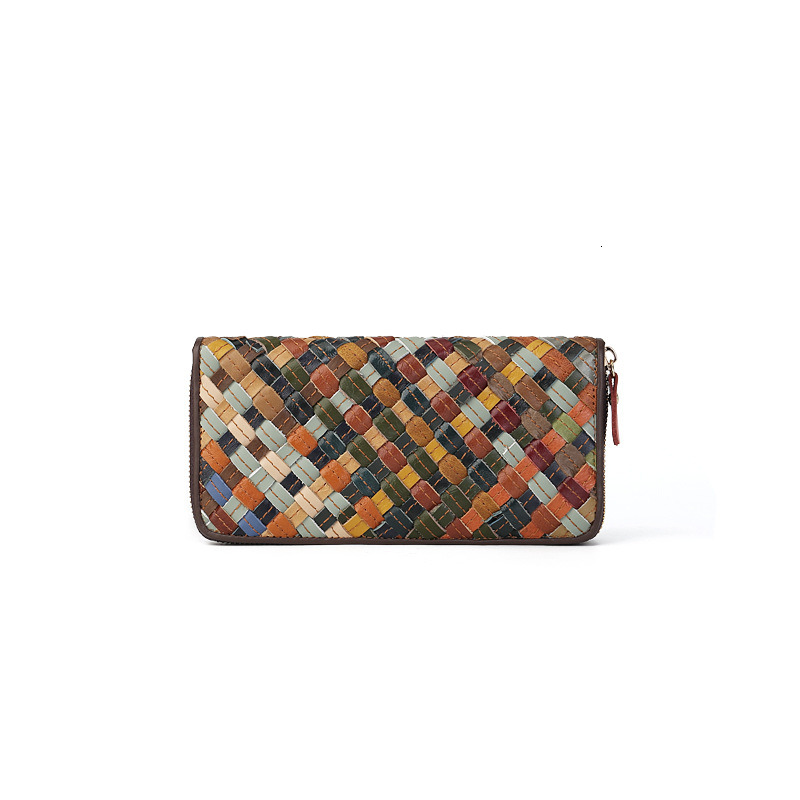 Explosive genuine leather woven long wallet with large capacity and multiple card slots zipper wallet