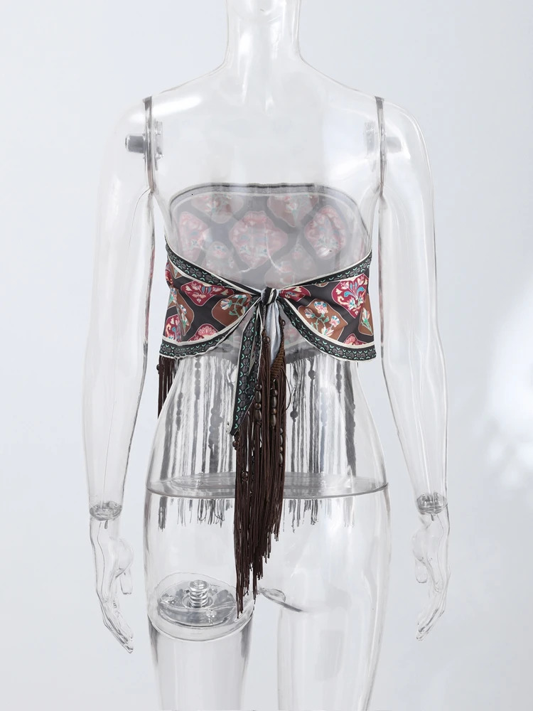Fashion Tassel Printed Beading Scarf Women Fringe Print Satin Patchwork Scarves Shawl Tube Top Summer Vintage Accessories 260629 - view 7