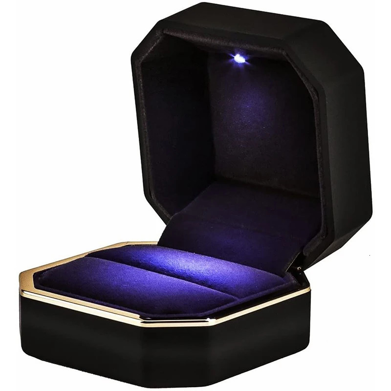 Double Ring Box Wedding Square Velvet Ring Case Organizer Jewelry Gift Box With Led Light For Proposal Engagement Ring Boxes 260701 - view 5