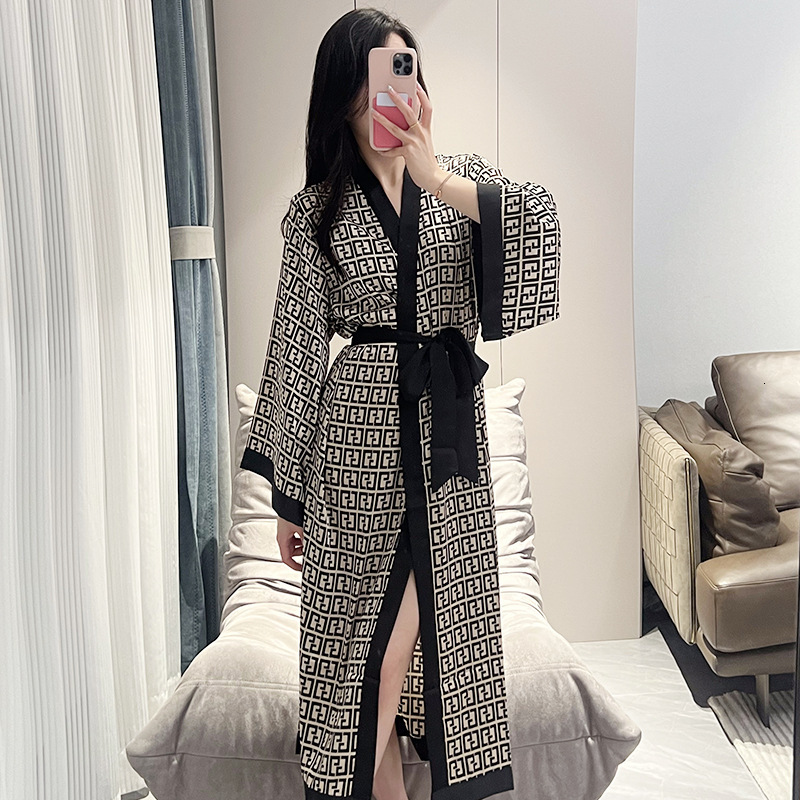 Designer plus-size long-sleeve nightgown, ice silk women's spring-summer loose-fitting long robe with tie, high-end printed loungewear - view 5