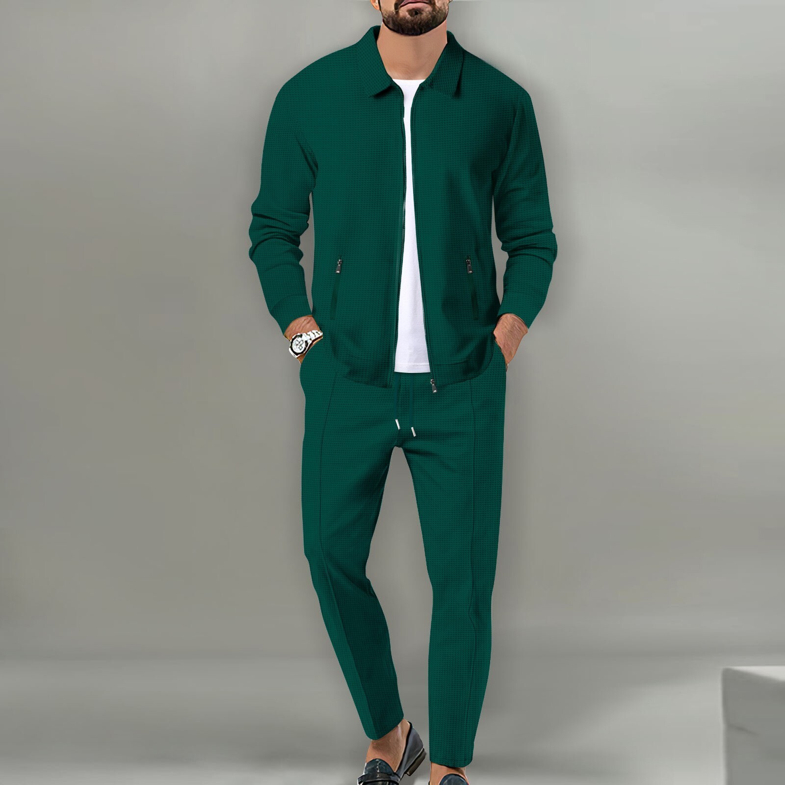 Designer 2026 Men's Spring and Autumn Waffle Zipper Pocket Turn-down Collar Slim Fit Cardigan Jacket Set - view 4