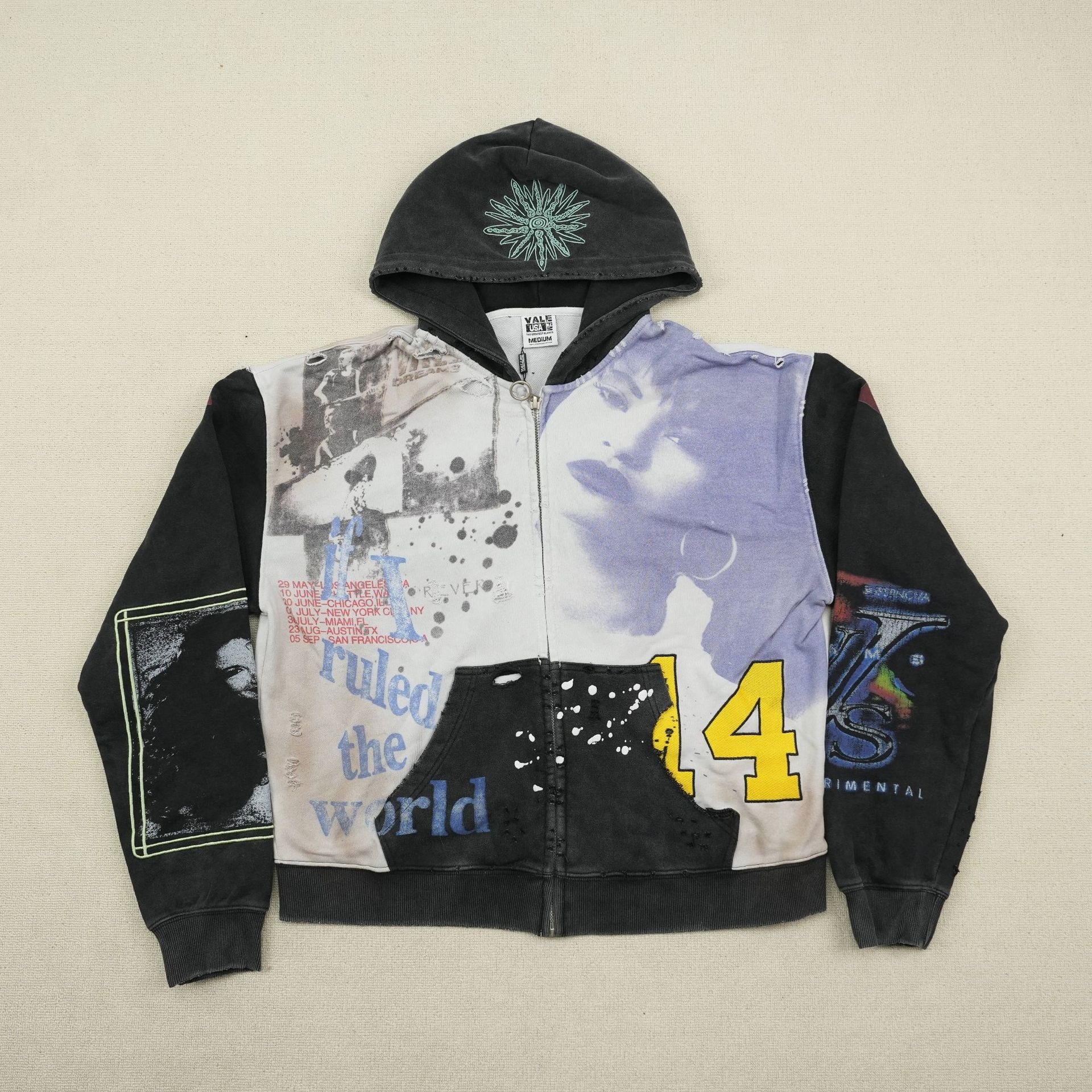 Designer style starry night rhinestone zipper hoodie. Retro distressed shoulderless boyfriend-style American street casual hoodie. - view 4