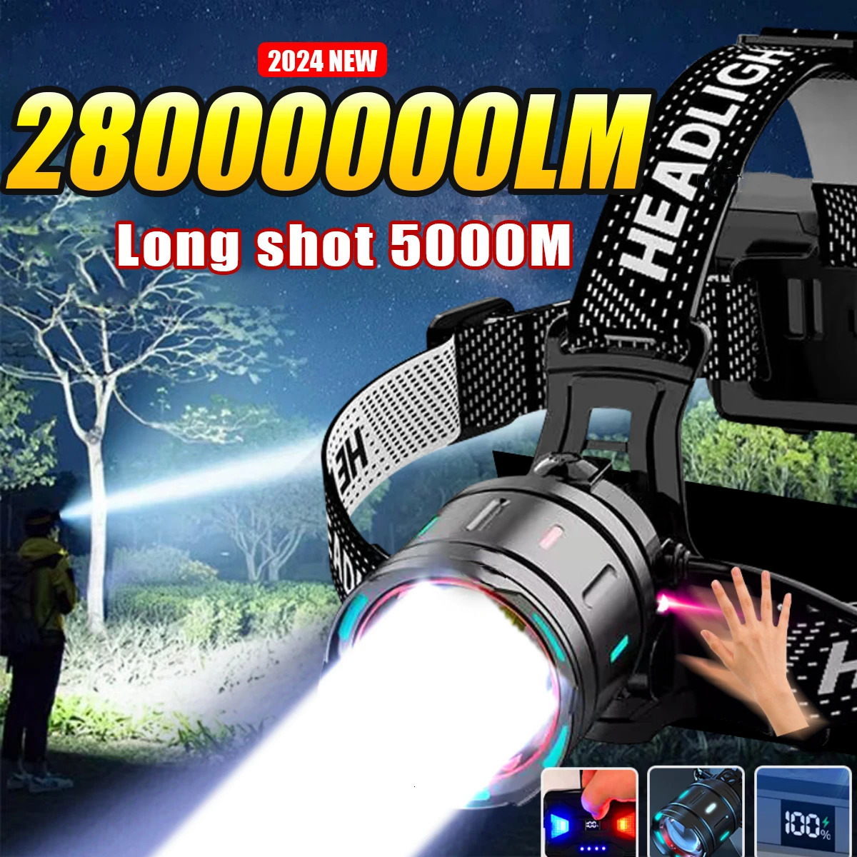 2026 Super Powerful Headlamp 800W LED IR Sensor Headlight Rechargeable Head Flashlight 5000 Meter Head Lamp Fishing Lantern 260702BJ
