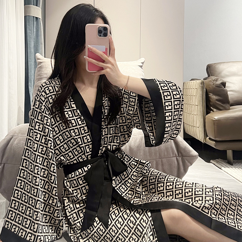 Designer plus-size long-sleeve nightgown, ice silk women's spring-summer loose-fitting long robe with tie, high-end printed loungewear - view 3