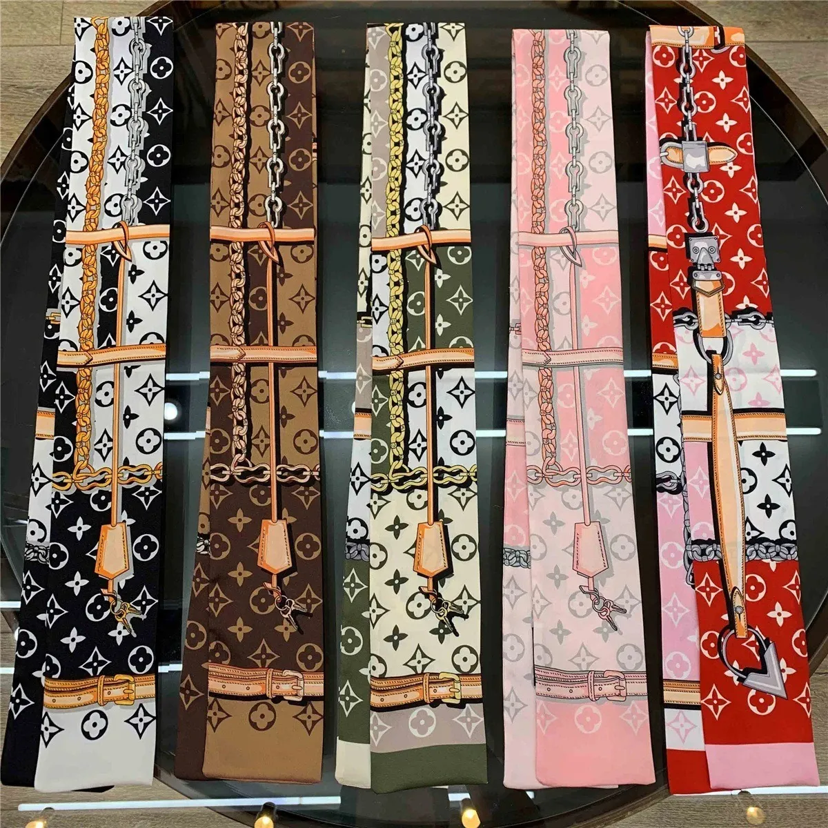 Designer silk scarf skinny silk scarfs women retro chain foulard neckerchief lady handle bag ribbon office neck tie female soft satin hairband gift womendesigner