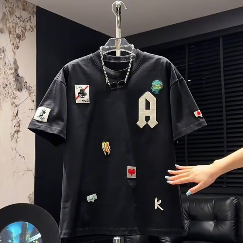 Luxury Designer Multi Patch Embroidery Tee Mixed Skull Heart Poker Graphic Soft Cotton Oversized Short Sleeve Tees Unisex High End Streetwear Daily Su - view 3