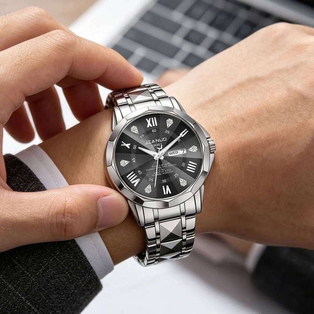 Business casual men's steel band luxury diamond-set date calendar double display luminous quartz watch men - view 4