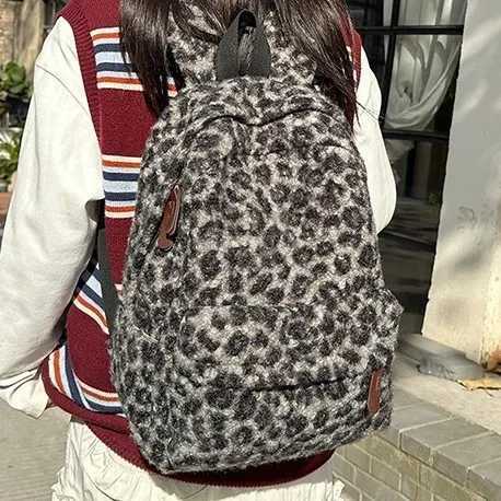 Y2K Vintage Plush Leopard Print Backpack for Girls Large Capacity College Students Schoolbag Casual Portable Ladies Shoder BagT260702 - view 3