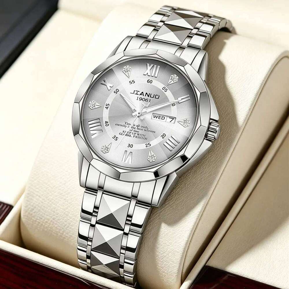 Business casual men's steel band luxury diamond-set date calendar double display luminous quartz watch men - view 3