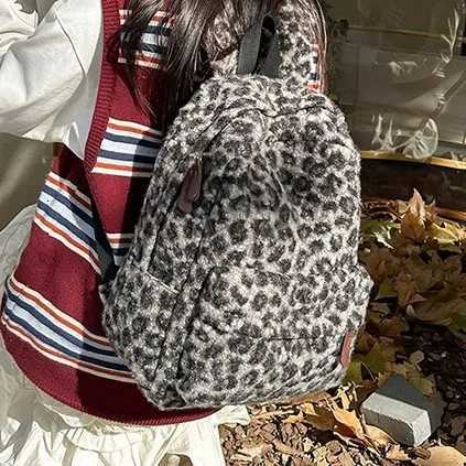 Y2K Vintage Plush Leopard Print Backpack for Girls Large Capacity College Students Schoolbag Casual Portable Ladies Shoder BagT260702 - view 5