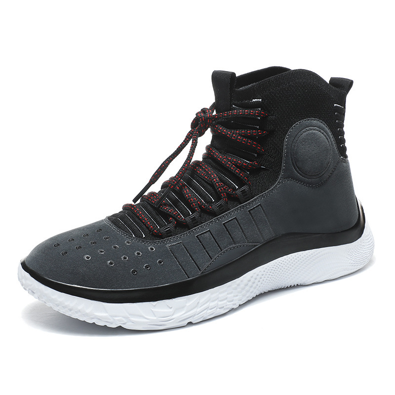Gray Leather Knit Collar High Top Basketball Shoes Red Black Braided Laces Breathable Perforated Upper White Shock Absorbing Sole Men Sports Sneakers - view 6
