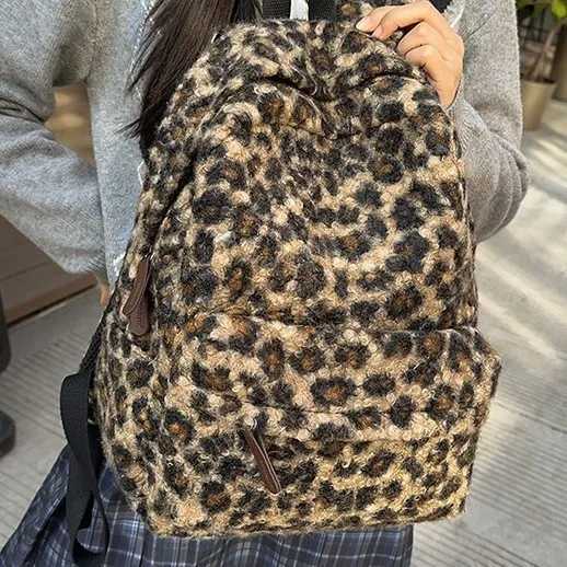 Y2K Vintage Plush Leopard Print Backpack for Girls Large Capacity College Students Schoolbag Casual Portable Ladies Shoder BagT260702 - view 4