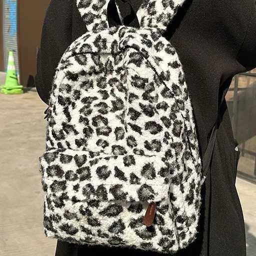 Y2K Vintage Plush Leopard Print Backpack for Girls Large Capacity College Students Schoolbag Casual Portable Ladies Shoder BagT260702 - view 6