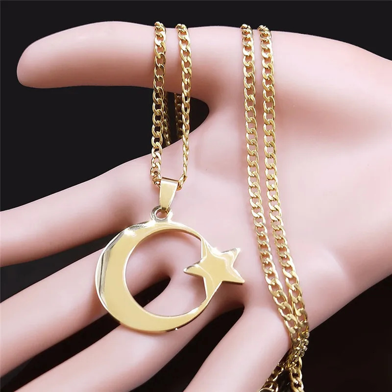 HNSP Turkish Stainless Steel Star Moon Pendant Chain Necklace For Men Neck Jewelry Accessories Male 260701 - view 7