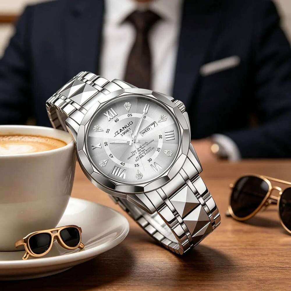 Business casual men's steel band luxury diamond-set date calendar double display luminous quartz watch men - view 6