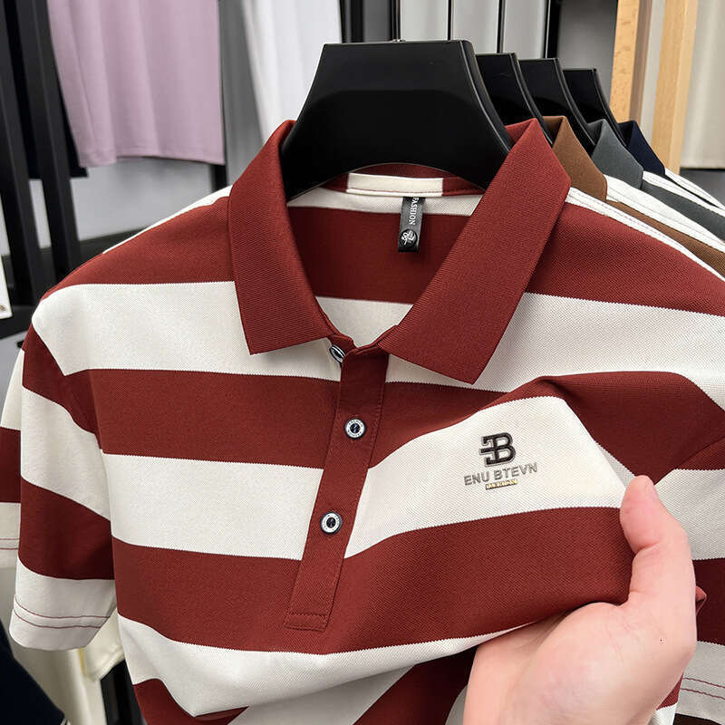 Luxury Brand Designer Clothes Summer New Striped Short-Sleeve Polo Shirt Men Casual Versatile Cotton Turn-Down Collar Half-Sleeve Fashion Hot-Selling 