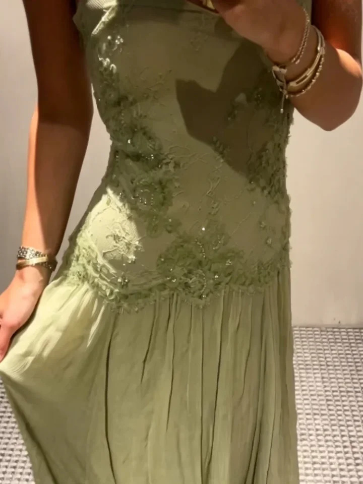Light Green Lace Applique Maxi Dress Spaghetti Straps Deep V Neckline Tiered Flowy Skirt Elegant Evening Party Vacation Outfit 260714 - view 6