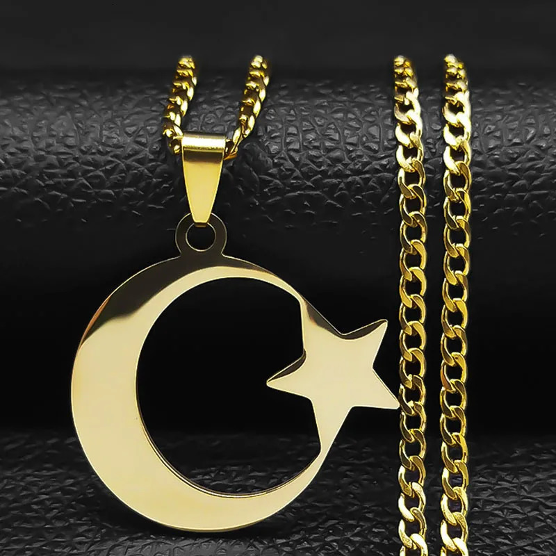 HNSP Turkish Stainless Steel Star Moon Pendant Chain Necklace For Men Neck Jewelry Accessories Male 260701 - view 3