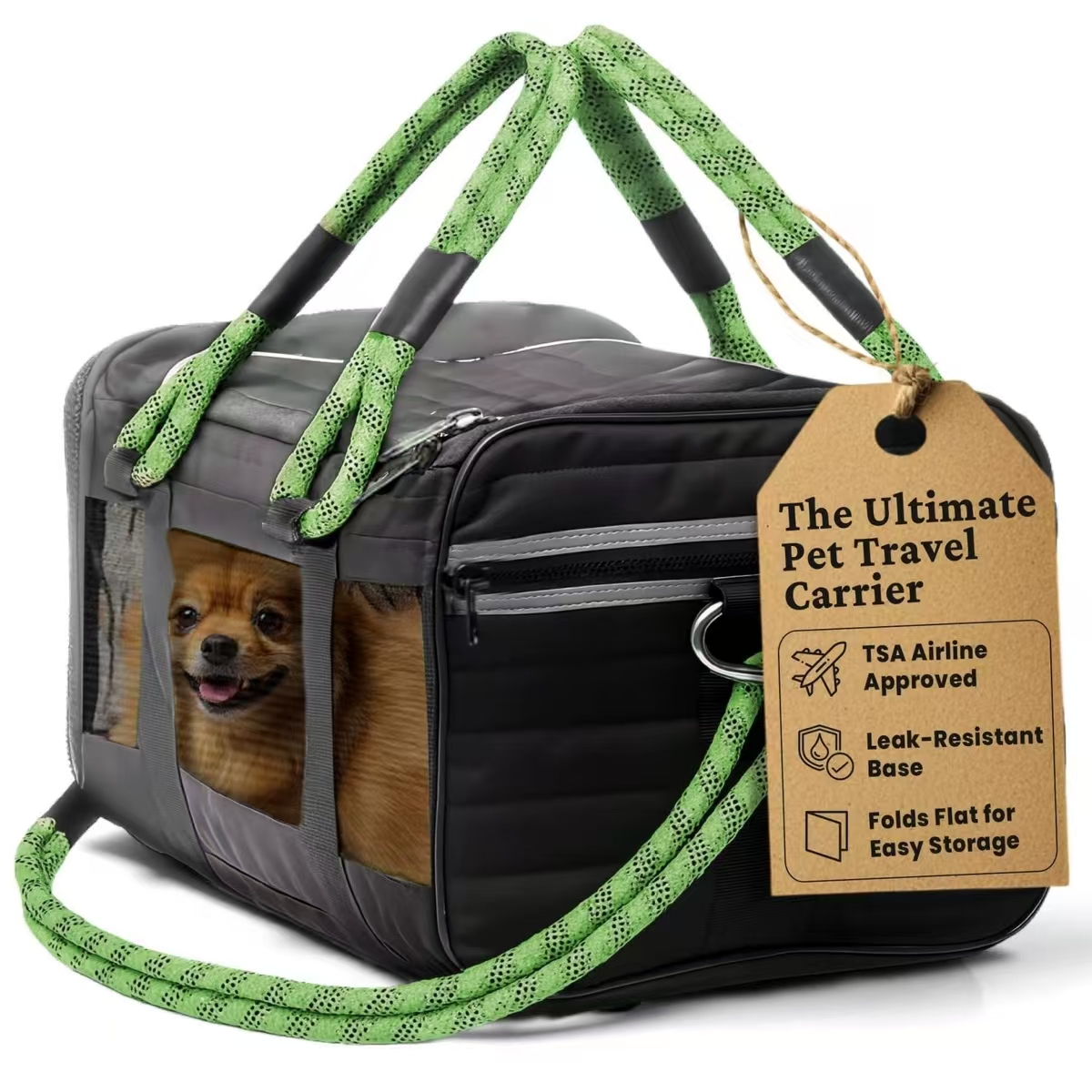 LBY TSA Airline Approved Soft Pet Carrier Tote, Foldable Quilted Dog Cat Travel Bag with Green Rope Handles, Leak-Proof Base Holds Small Pets Up to 20