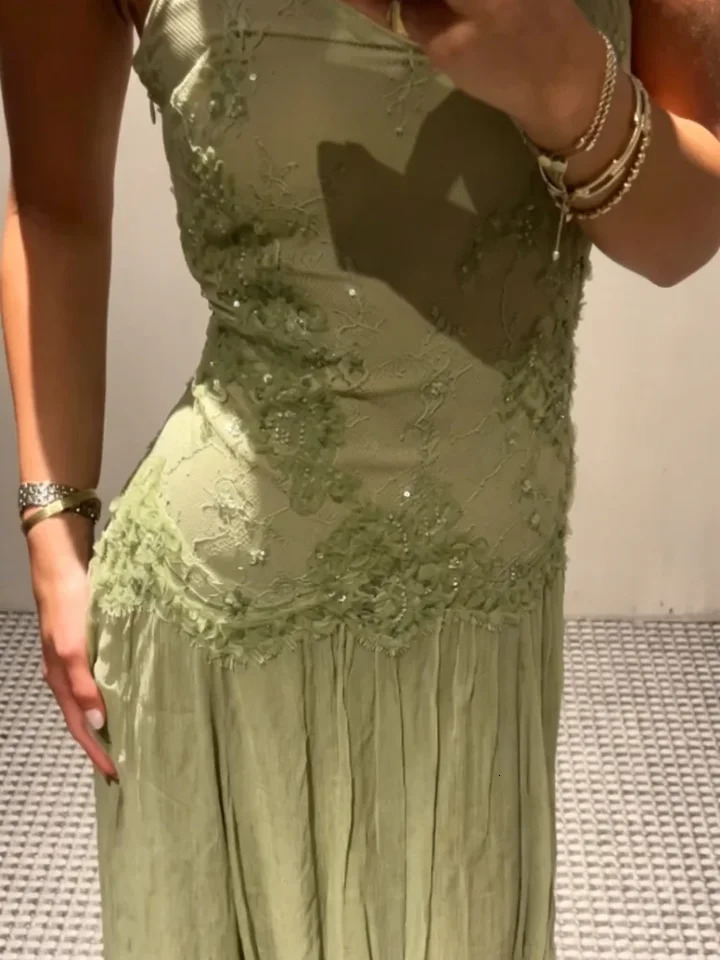 Light Green Lace Applique Maxi Dress Spaghetti Straps Deep V Neckline Tiered Flowy Skirt Elegant Evening Party Vacation Outfit 260714 - view 3