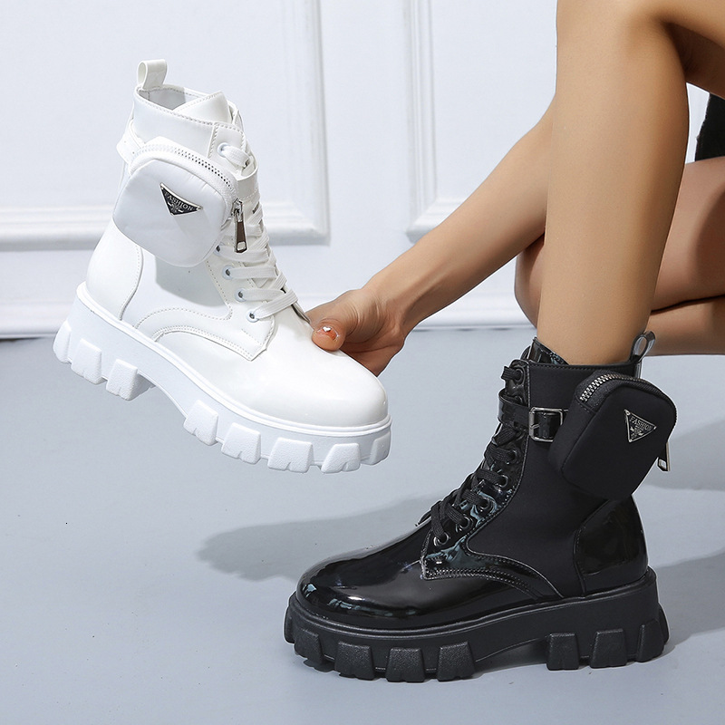 CUUS DUUS White Patent Leather Platform Combat Boots Detachable Triangle Metal Logo Pocket Side Zip Lace Up Lug Sole Women Fashion Ankle Boots - view 4