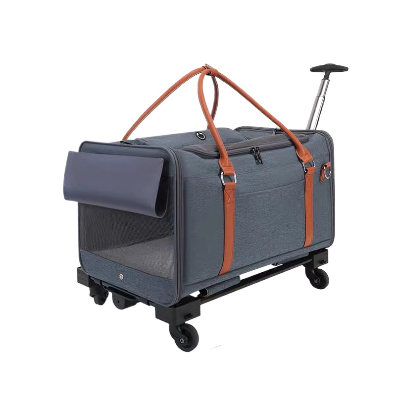 LBY Rolling Pet Trolley Carrier with Removable Wheel Base, Breathable Oxford Pet Travel Bag, Portable Hand Tote for Small Medium Cats Dogs
