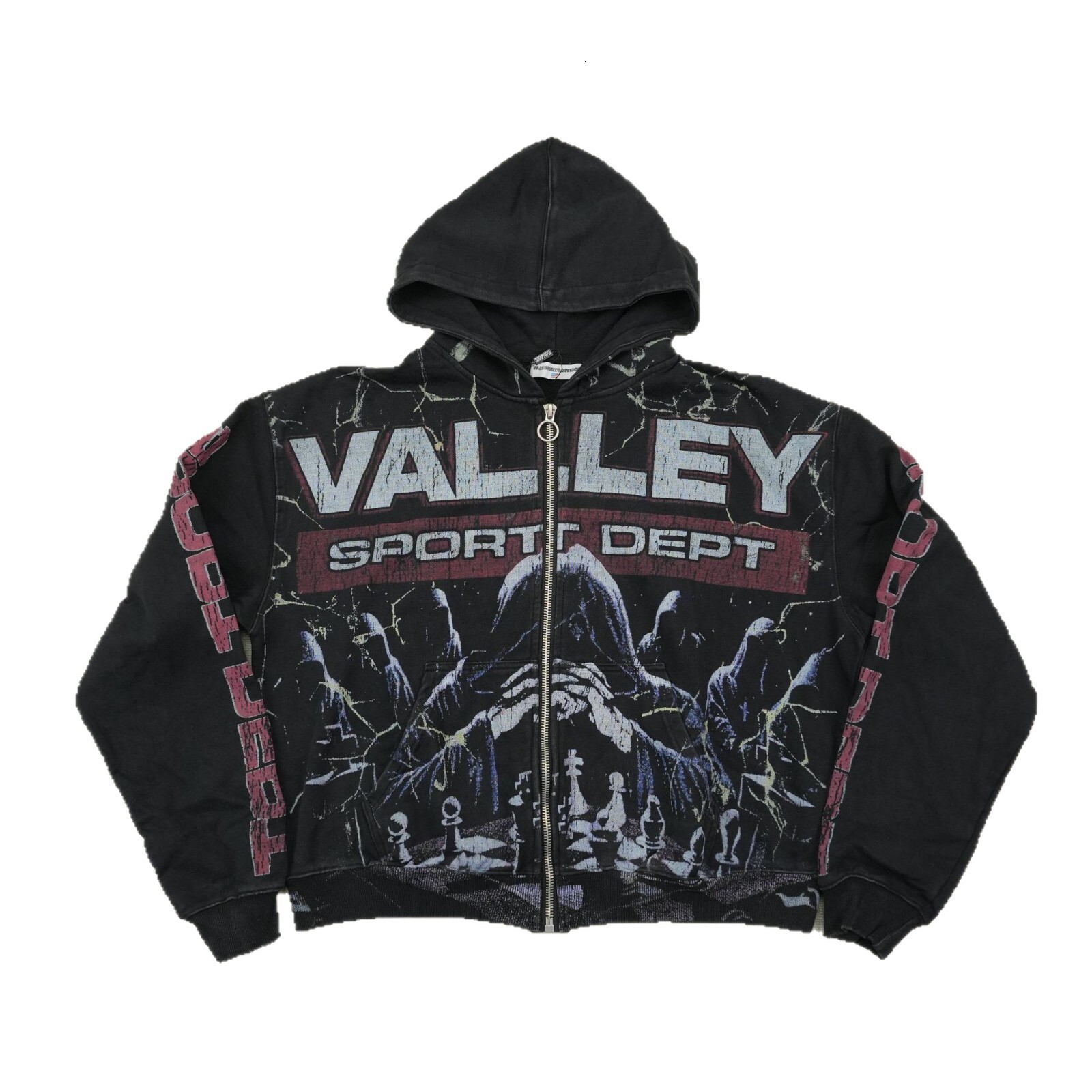 Designer style starry night rhinestone zipper hoodie. Retro distressed shoulderless boyfriend-style American street casual hoodie. - view 6