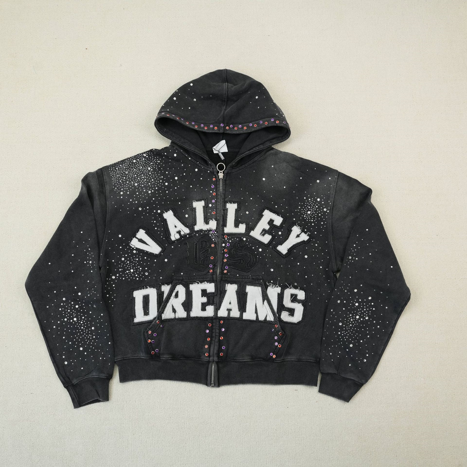 Designer style starry night rhinestone zipper hoodie. Retro distressed shoulderless boyfriend-style American street casual hoodie.