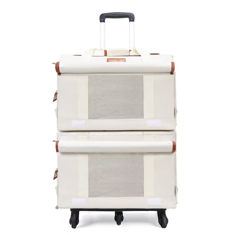 Double Decker Cat Carrier with Wheels LBY, Detachable 2-in-1 Backpack Trolley, Portable Mesh Pet Stroller for Multi-Cat Families