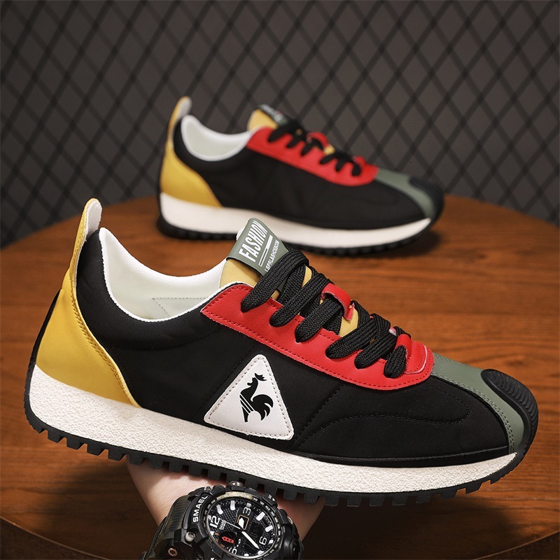 Black White Color Block Retro Running Sneakers Rooster Logo Triangle Patch Textured Rubber Sole Men Daily Casual Trainers - view 3