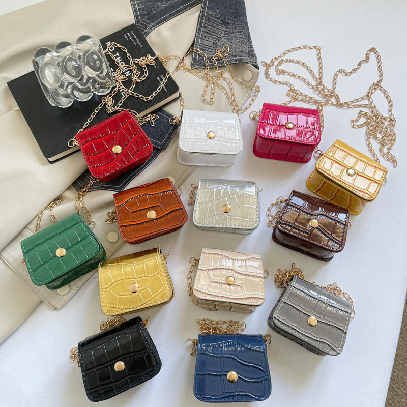 Glossy Brown Croc Embossed Mini Square Crossbody Bag Gold Snap Button Thin Metal Chain Strap Tiny Coin Purse Lipstick Storage Shoulder Handbag - view 5