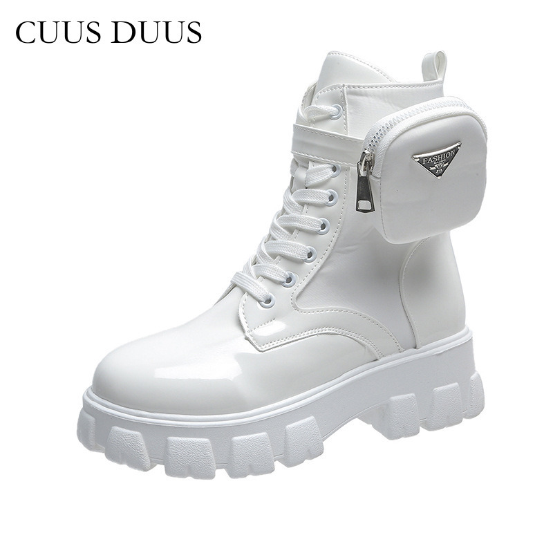 CUUS DUUS White Patent Leather Platform Combat Boots Detachable Triangle Metal Logo Pocket Side Zip Lace Up Lug Sole Women Fashion Ankle Boots