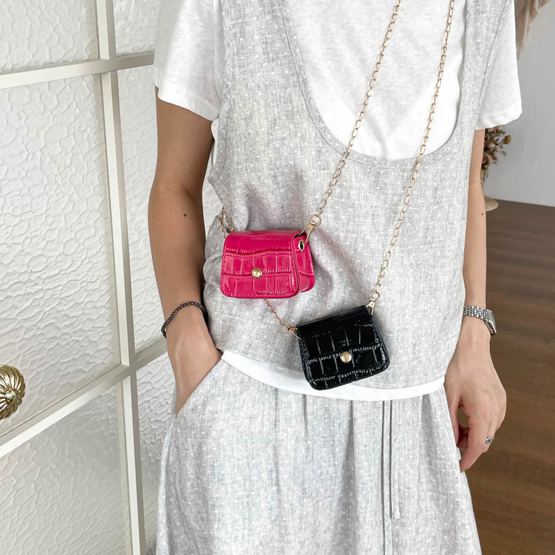 Glossy Brown Croc Embossed Mini Square Crossbody Bag Gold Snap Button Thin Metal Chain Strap Tiny Coin Purse Lipstick Storage Shoulder Handbag