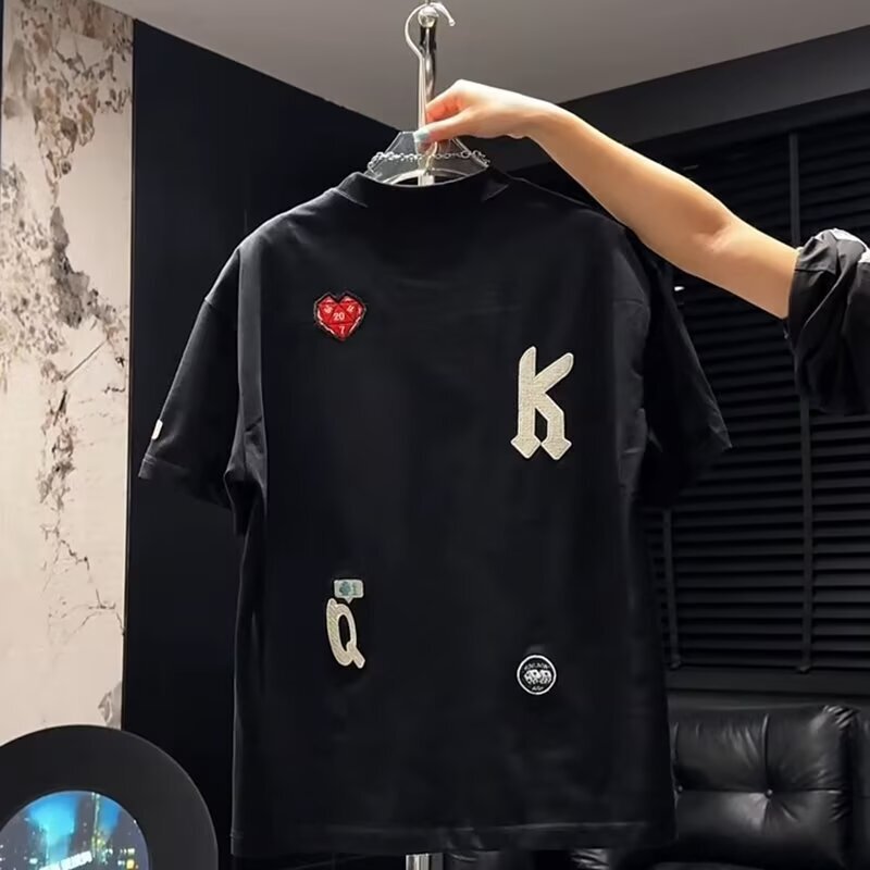 Luxury Designer Multi Patch Embroidery Tee Mixed Skull Heart Poker Graphic Soft Cotton Oversized Short Sleeve Tees Unisex High End Streetwear Daily Su - view 4