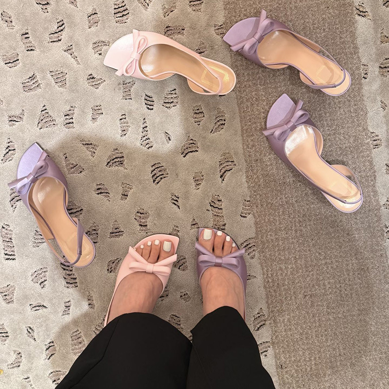 2026 Girlish French-Style Gentle Bow-Tie Open-Toe Sandals In Light Blue, Fashionable Square-Toed Side-Cut High For Women With Thin Heels - view 5