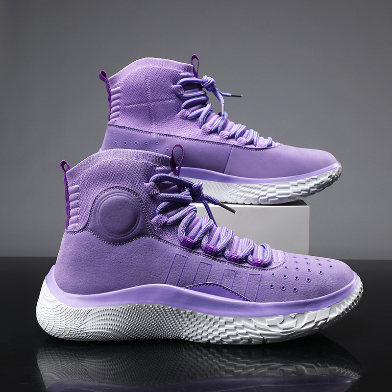 Gray Leather Knit Collar High Top Basketball Shoes Red Black Braided Laces Breathable Perforated Upper White Shock Absorbing Sole Men Sports Sneakers - view 3