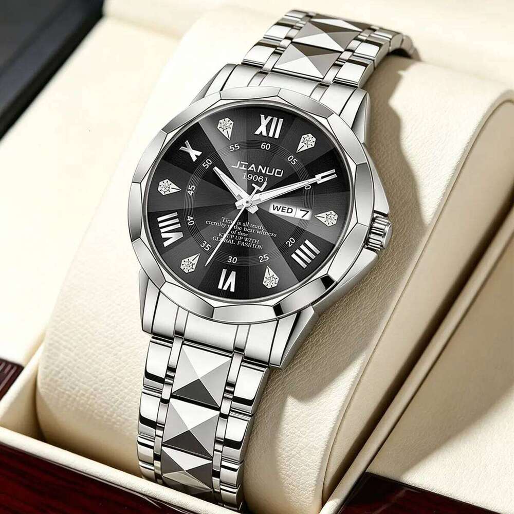 Business casual men's steel band luxury diamond-set date calendar double display luminous quartz watch men