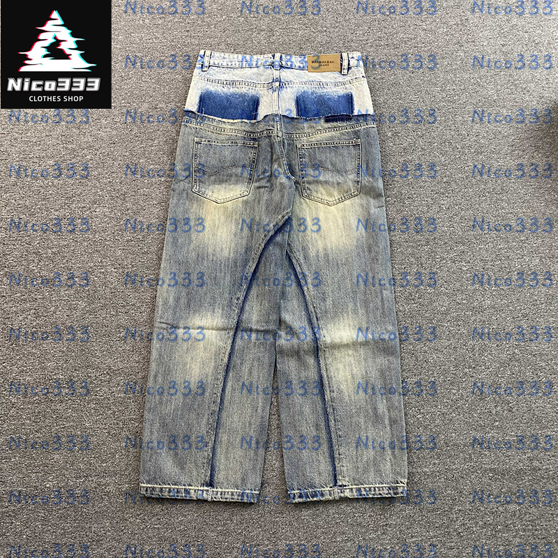 BA Splicing double false two pieces illusion washed heavyweight loose hundred personality men and women casual straight jeans