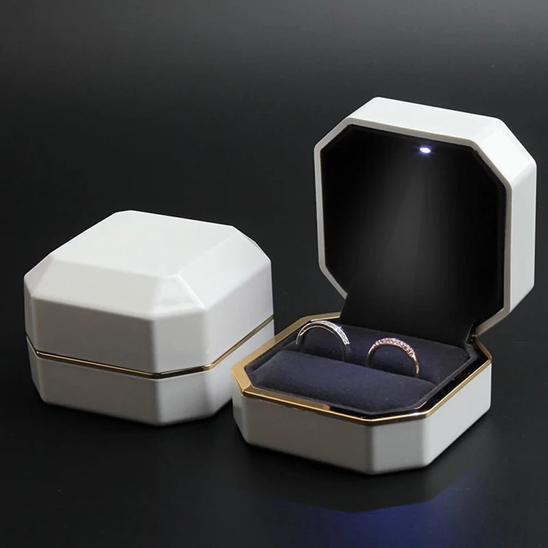 Double Ring Box Wedding Square Velvet Ring Case Organizer Jewelry Gift Box With Led Light For Proposal Engagement Ring Boxes 260701