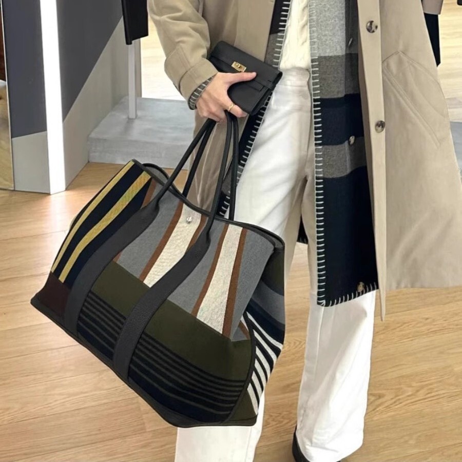 Color Block Striped Canvas Tote Genuine Leather Handle Large Capacity Commuter Shoulder Bag Retro Patchwork Multicolor Stripe Handbag For Women - view 4