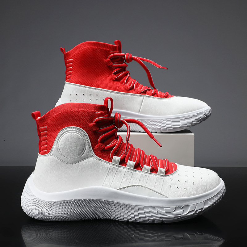 Gray Leather Knit Collar High Top Basketball Shoes Red Black Braided Laces Breathable Perforated Upper White Shock Absorbing Sole Men Sports Sneakers - view 4