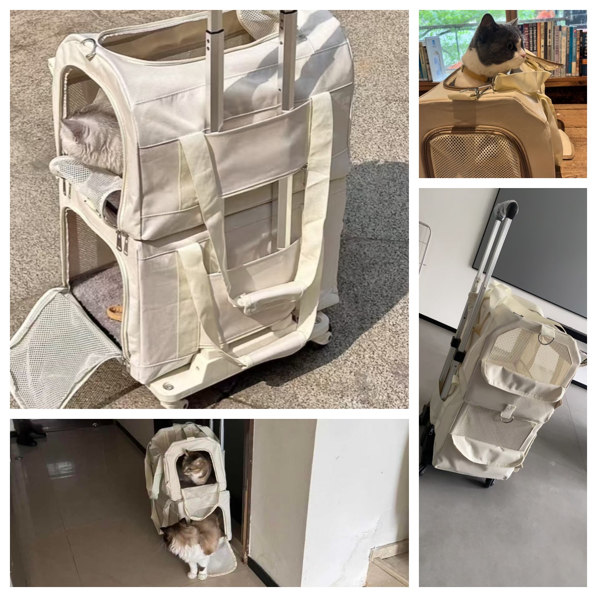 Double Decker Cat Carrier with Wheels LBY, Detachable 2-in-1 Backpack Trolley, Portable Mesh Pet Stroller for Multi-Cat Families