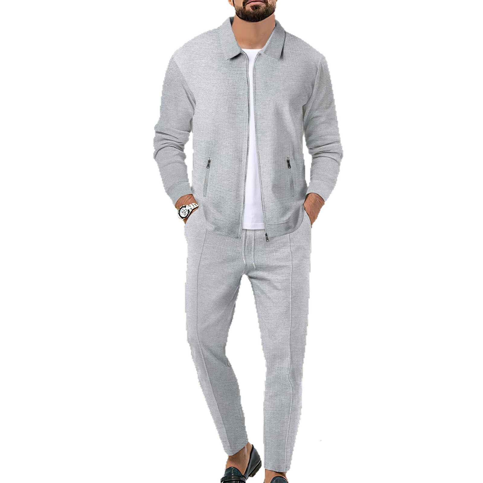 Designer 2026 Men's Spring and Autumn Waffle Zipper Pocket Turn-down Collar Slim Fit Cardigan Jacket Set - view 6