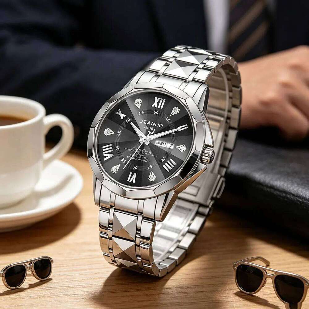 Business casual men's steel band luxury diamond-set date calendar double display luminous quartz watch men - view 7