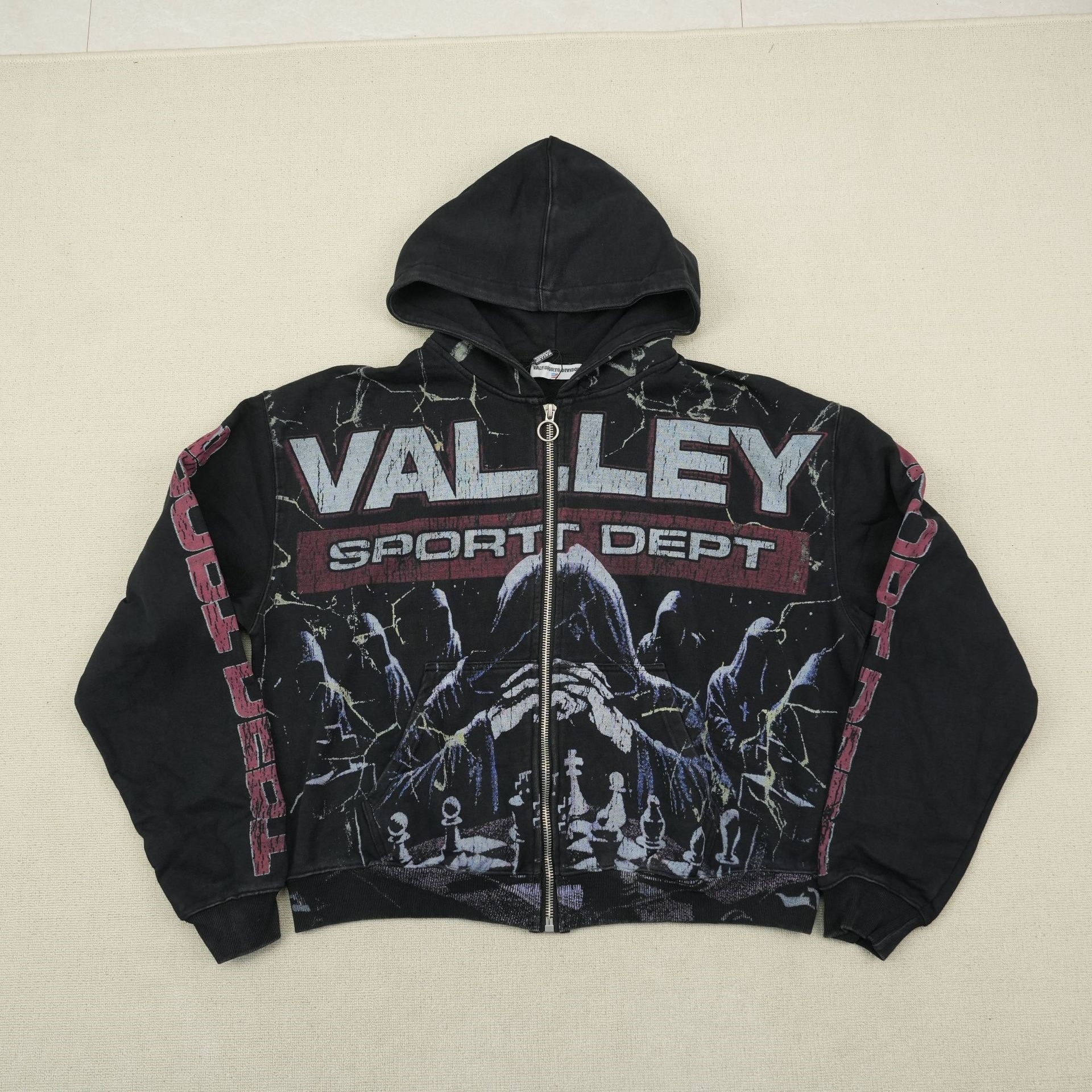 Designer style starry night rhinestone zipper hoodie. Retro distressed shoulderless boyfriend-style American street casual hoodie. - view 5